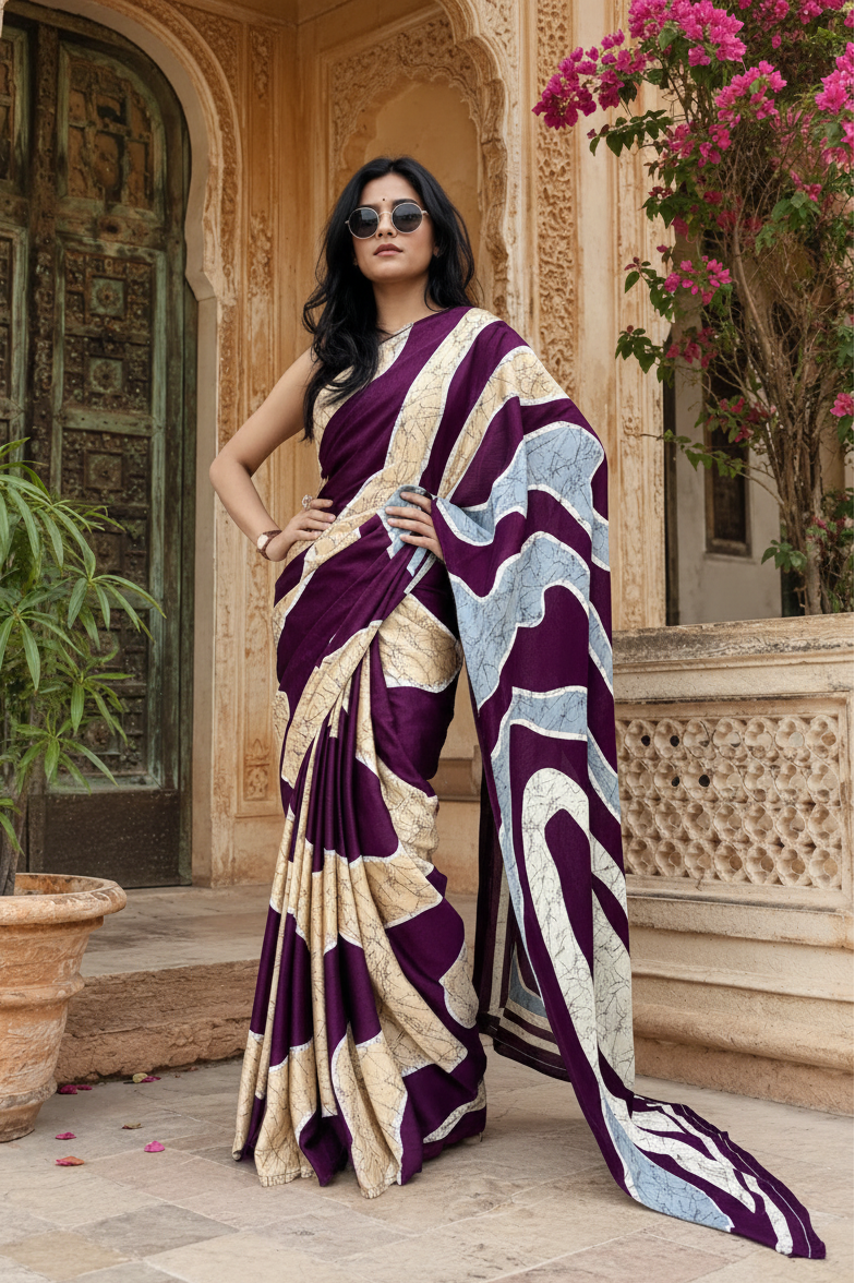 Premium Satin Silk Wave Print Saree With Unstitched Blouse(Purple)