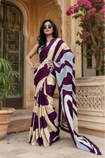 Load image into Gallery viewer, Premium Satin Silk Wave Print Saree With Unstitched Blouse(Purple)
