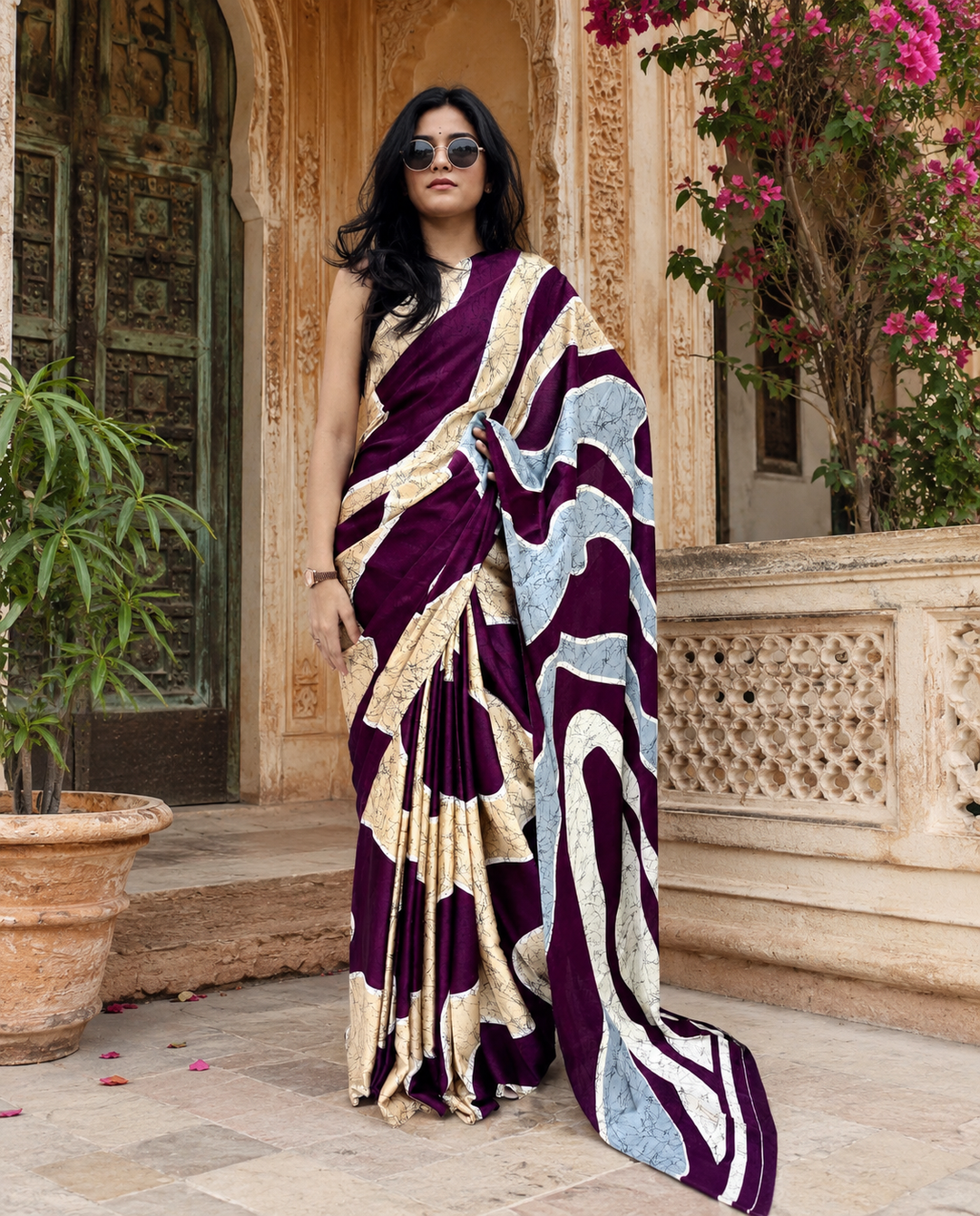 Premium Satin Silk Wave Print Saree With Unstitched Blouse(Purple)