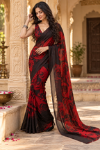 Chiffon Designer Print Saree With Unstitched Blouse(Red)