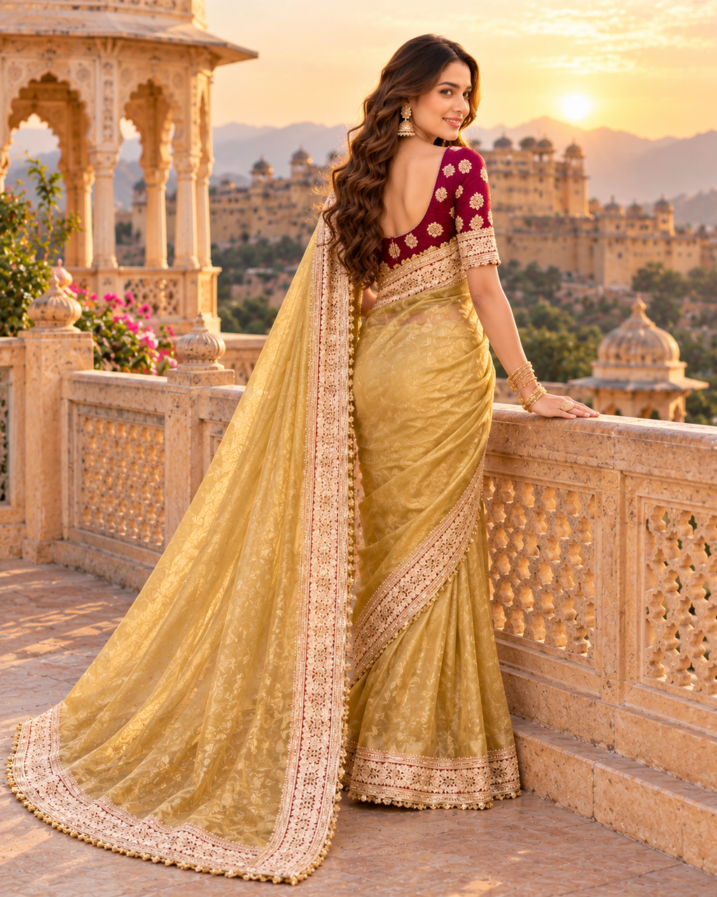 Pure Mocha Silk Sequin Work Saree With Unstitched Blouse(Mustard)