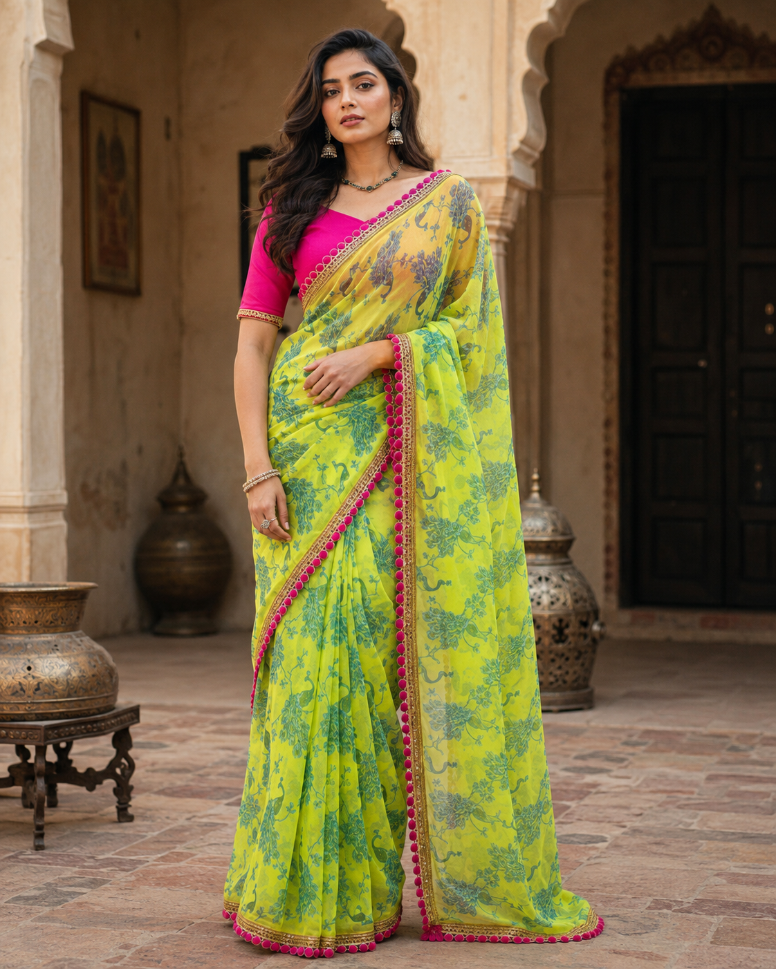 Georgette Embroidery Work Saree With Unstitched Blouse(Green)
