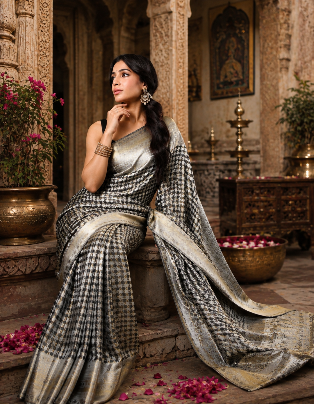 Pure Litchi Silk Saree With Unstitched Blouse(Grey)