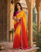 Georgette Embroidery Work Saree With Unstitched Blouse(Yellow)