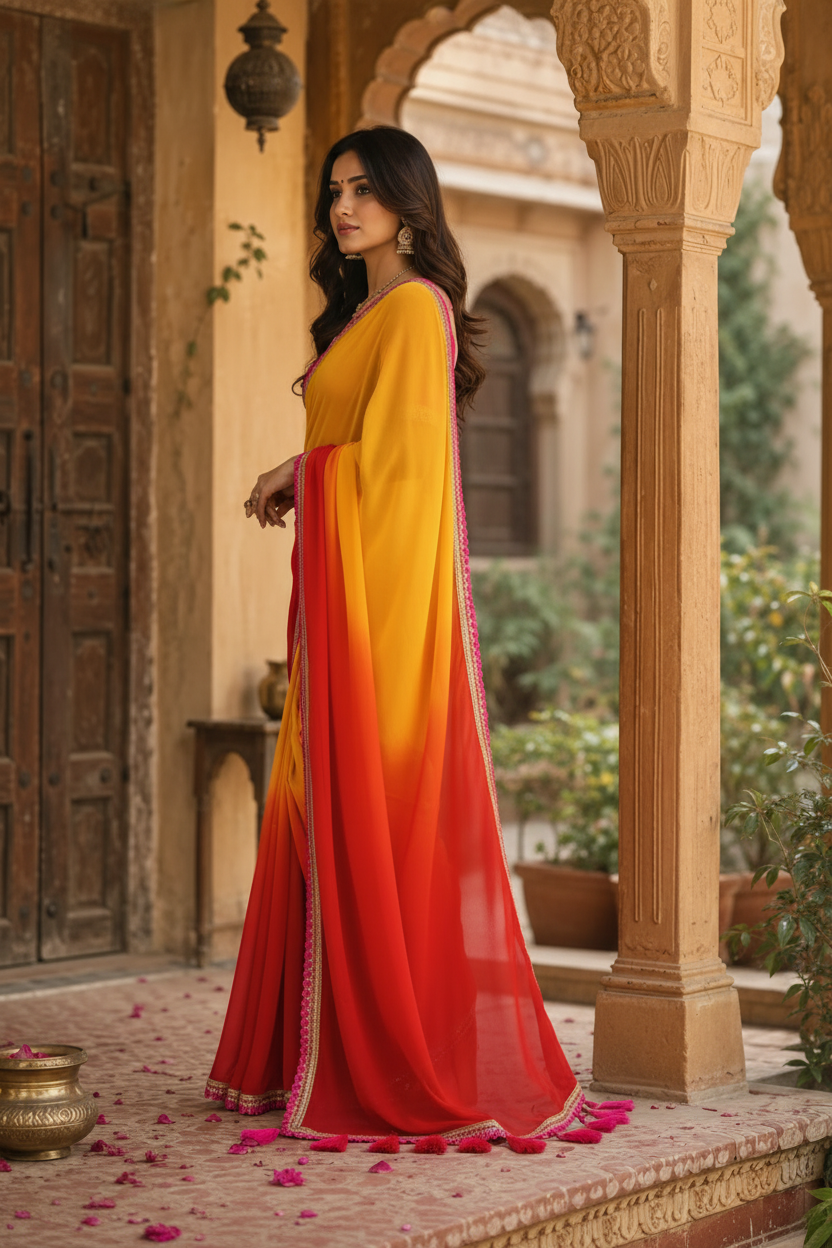 Georgette Embroidery Work Saree With Unstitched Blouse(Yellow)