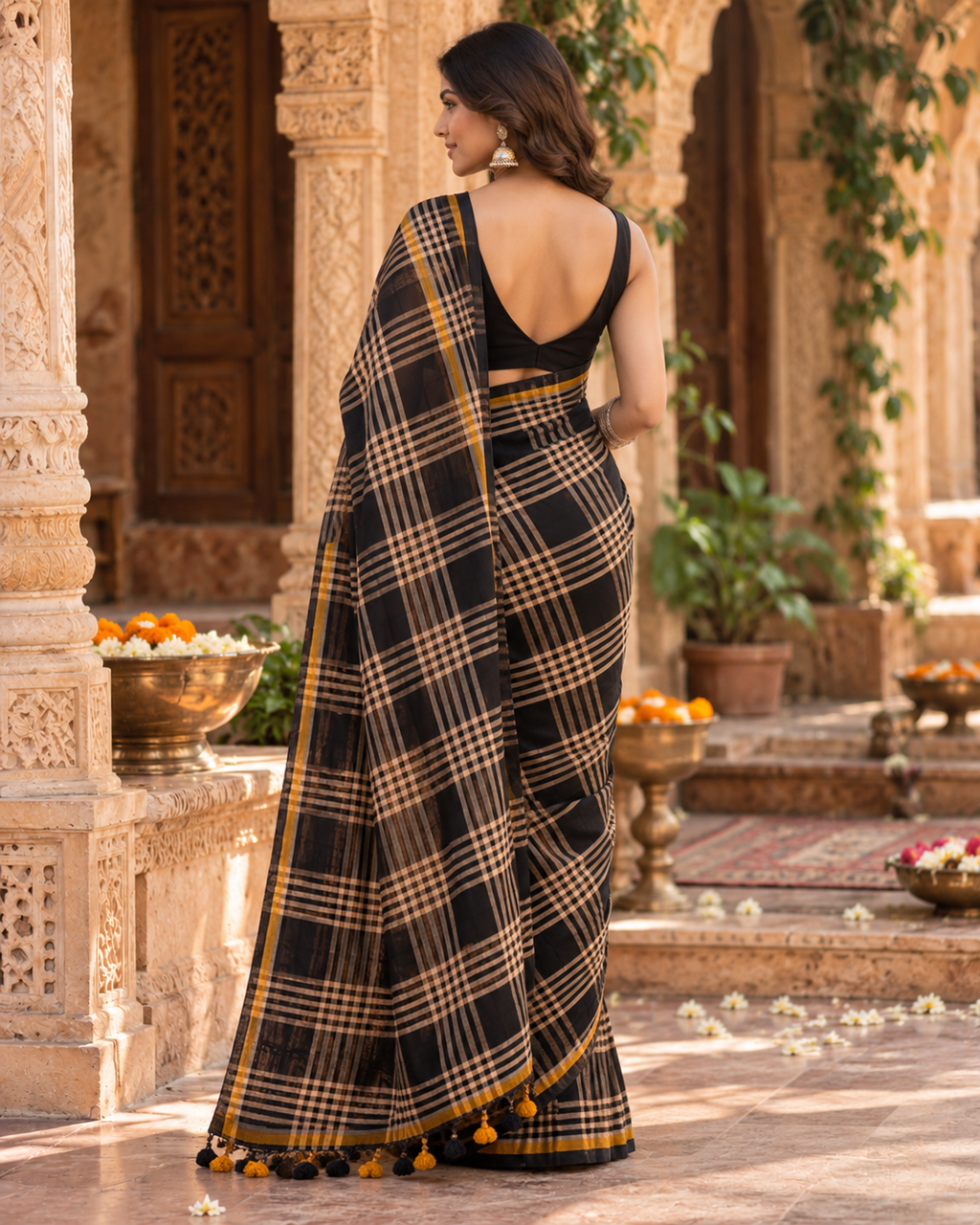 Premium Cotton Digital Print Saree With Unstitched Blouse(Black)