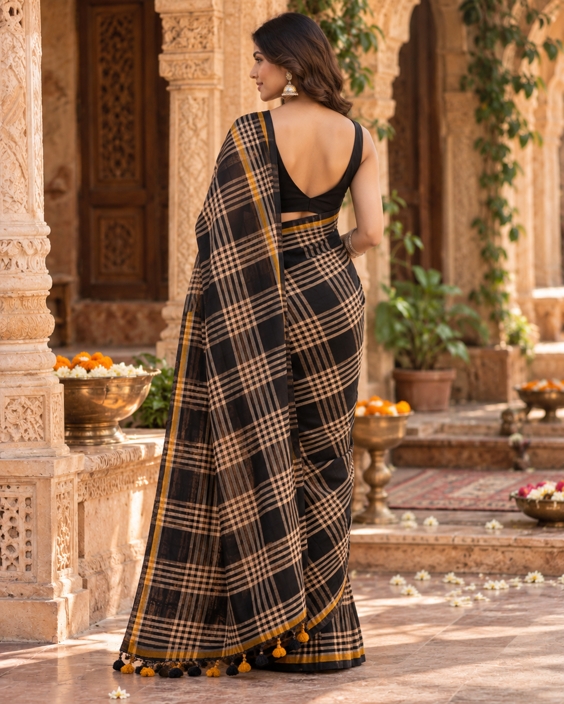 Premium Cotton Digital Print Saree With Unstitched Blouse(Black)