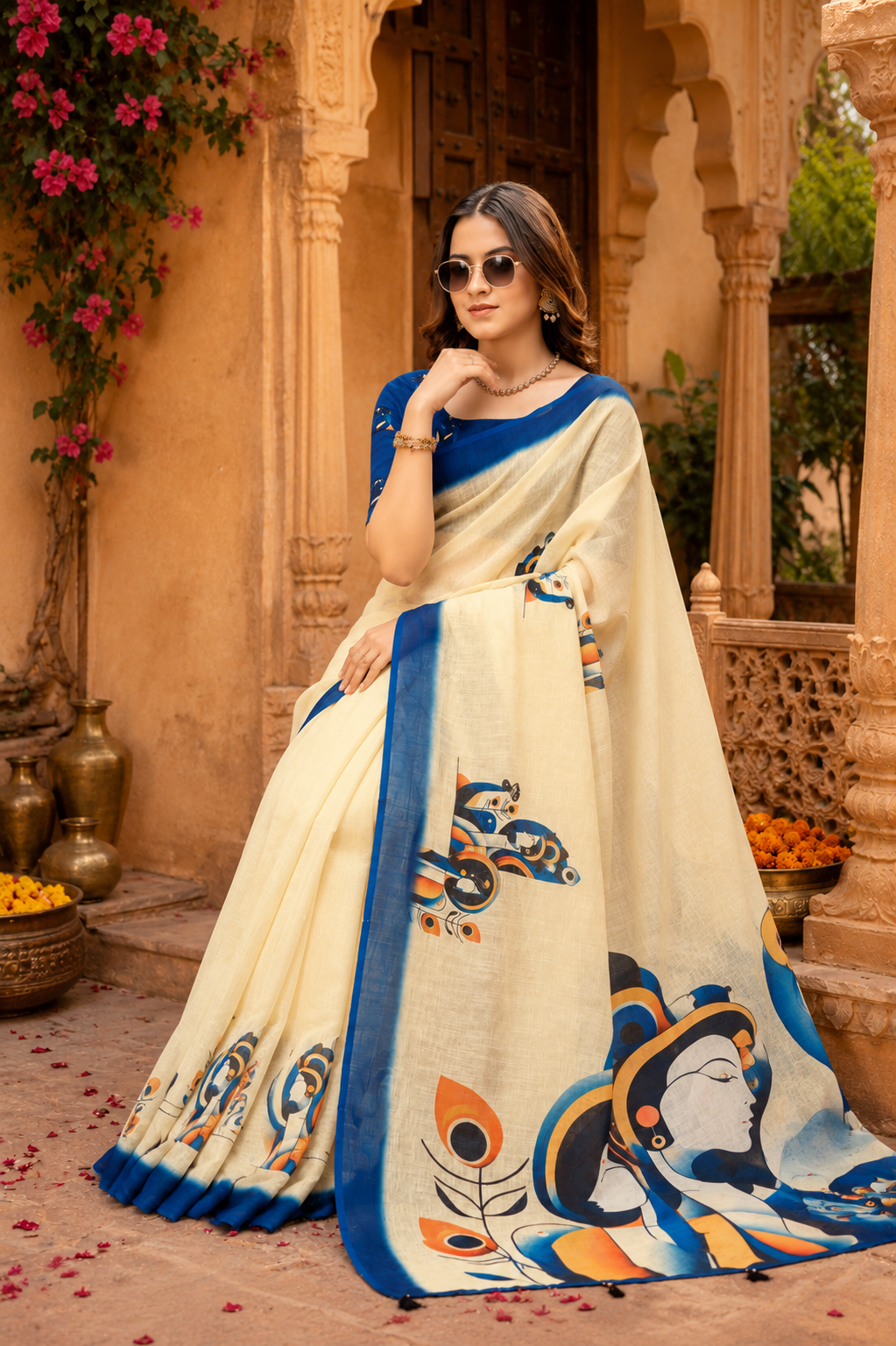 Linen Printed Saree With Unstitched Blouse(Beige)