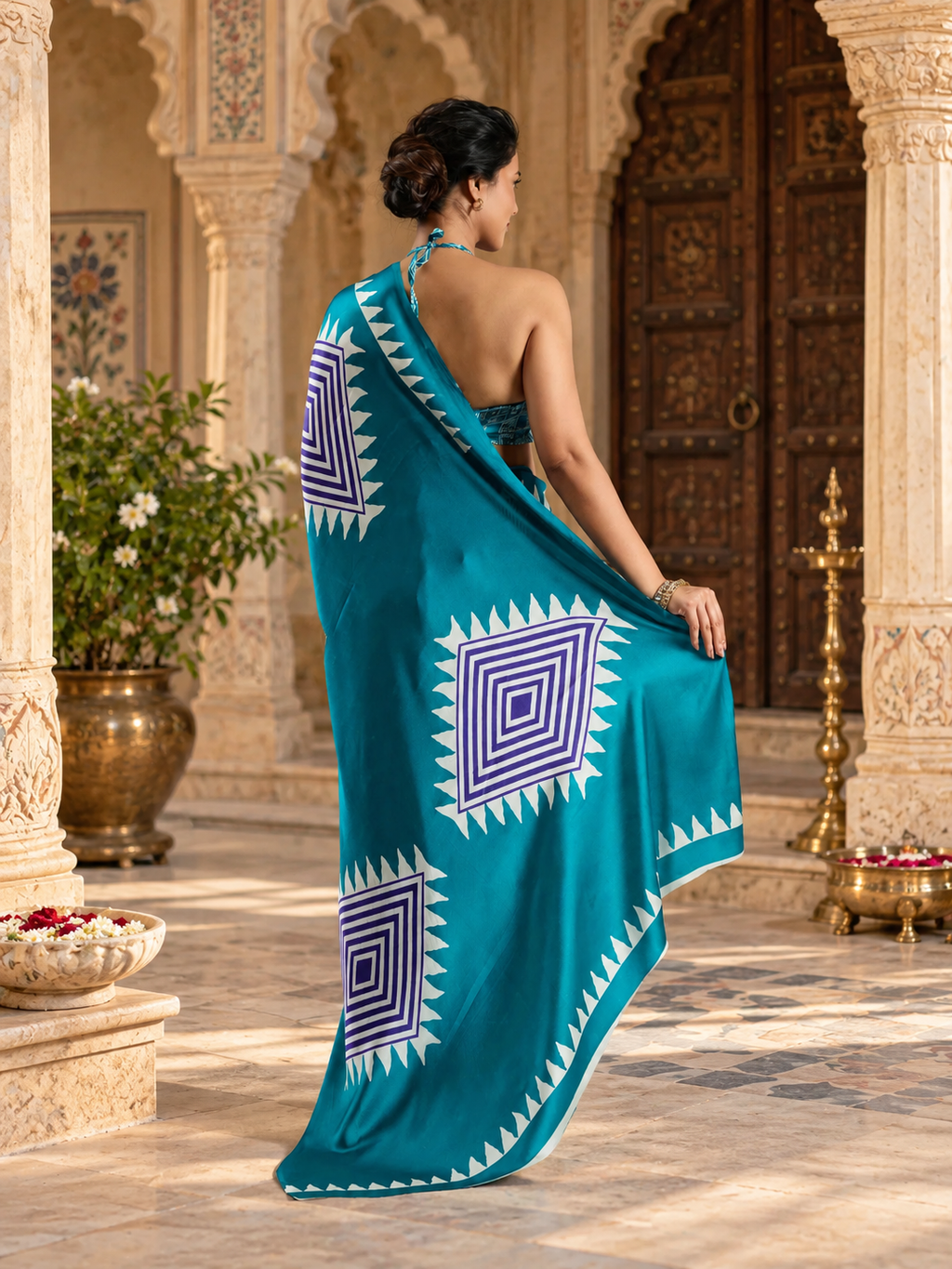 Satin Silk Ajrakh Printed Saree With Unstitched Blouse(Blue)