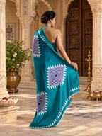 Satin Silk Ajrakh Printed Saree With Unstitched Blouse(Blue)