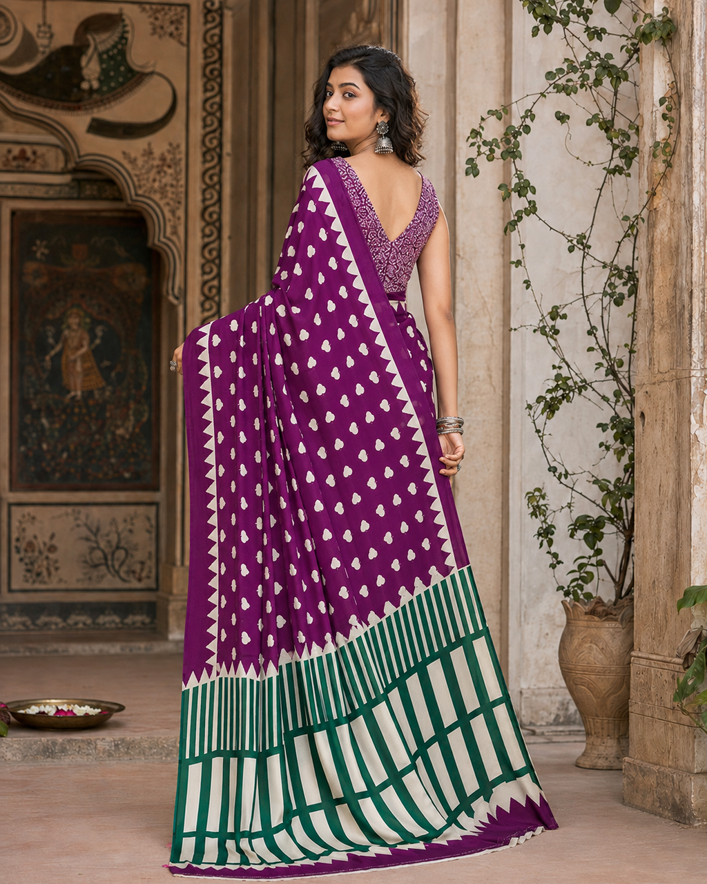 Satin Silk Ajrakh Print Saree With Unstitched Blouse(Magenta)