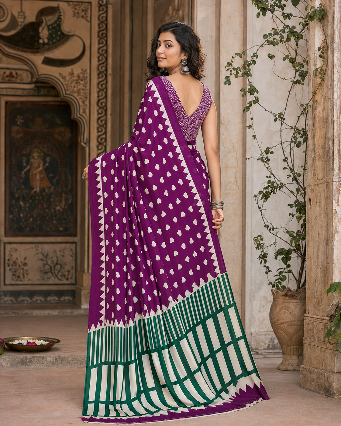 Satin Silk Ajrakh Print Saree With Unstitched Blouse(Magenta)