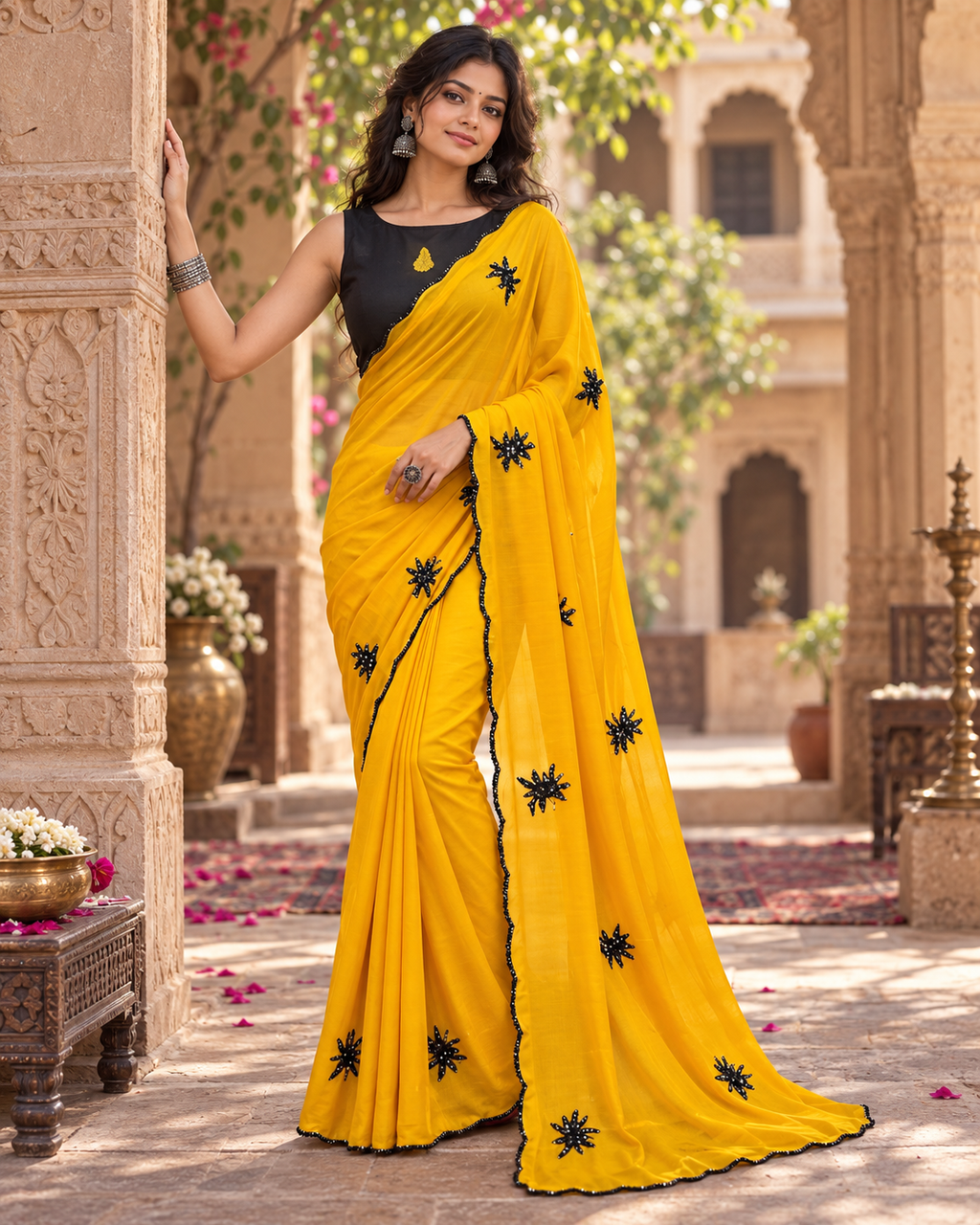 Georgette Sequins Work Saree With Unstitched Blouse(Yellow)