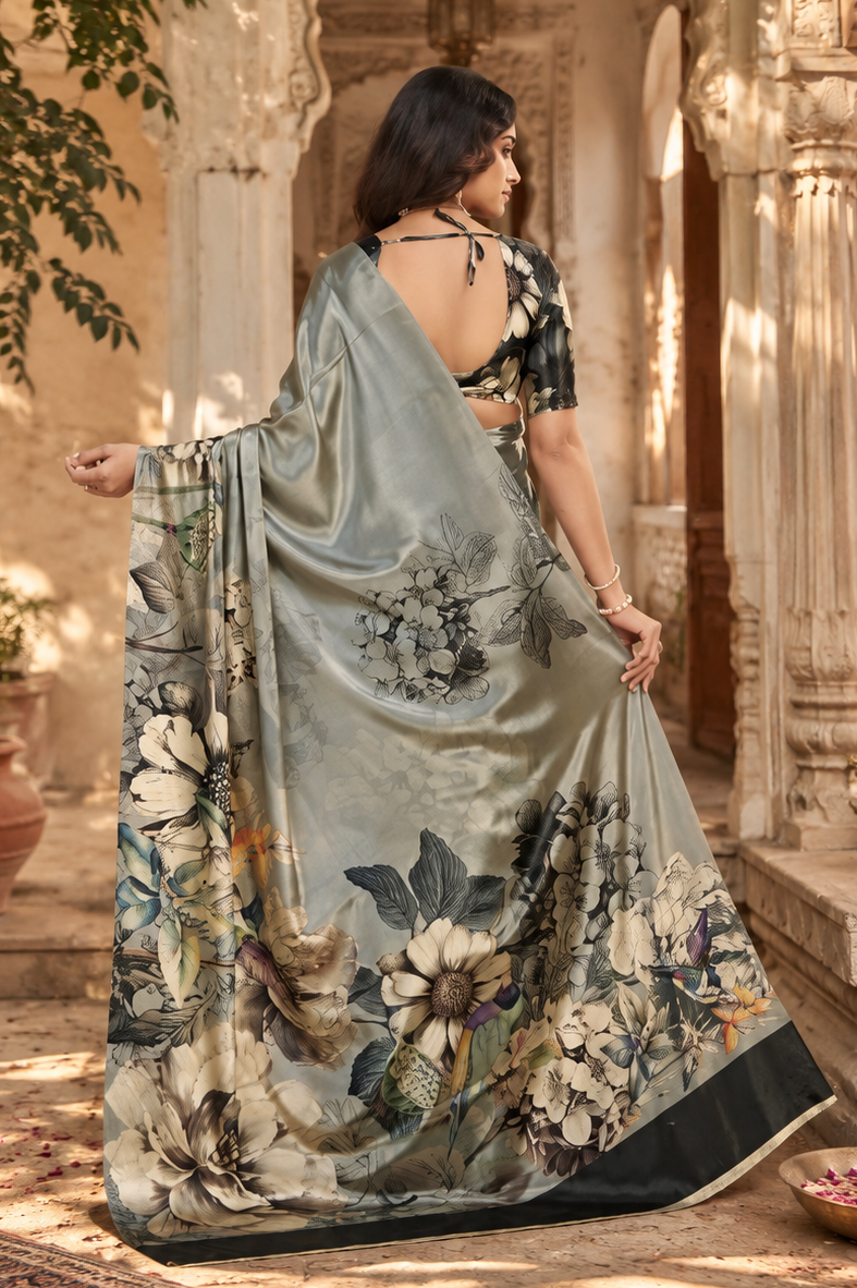 Premium Crepe Silk Digital Floral Print Saree With Unstitched Blouse(Grey)