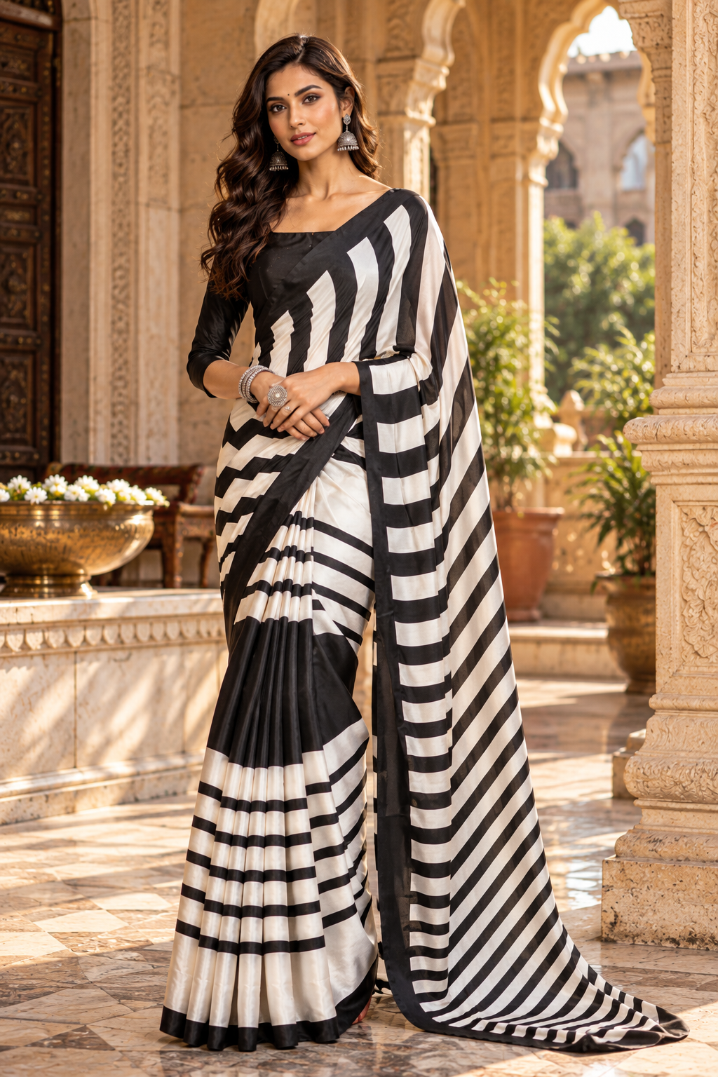 Satin Silk Printed Saree With Unstitched Blouse(Black)