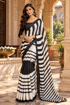 Satin Silk Printed Saree With Unstitched Blouse(Black)