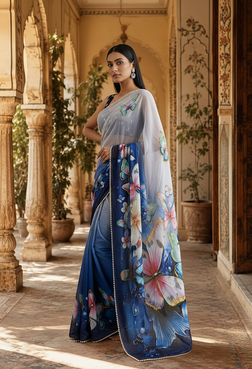 Georgette Printed Saree With Unstitched Blouse(Sea Blue)
