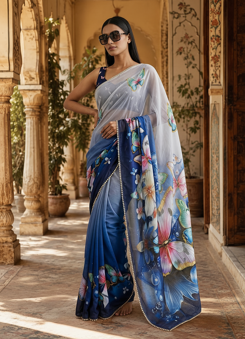 Georgette Printed Saree With Unstitched Blouse(Sea Blue)
