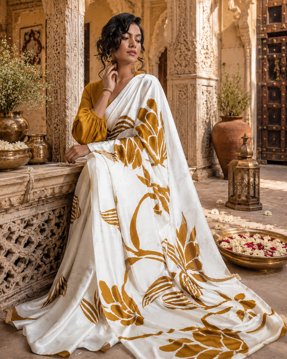 Satin Silk Digital Printed Saree With Unstitched Blouse(Mustard)