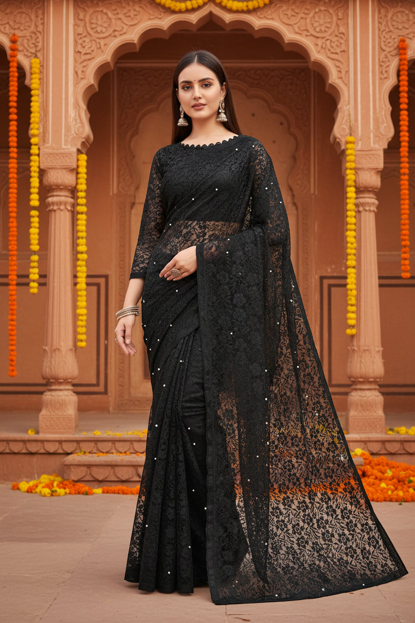 Women's Net Self Design Saree With Unstitched Blouse 5.5Mtr (Black)