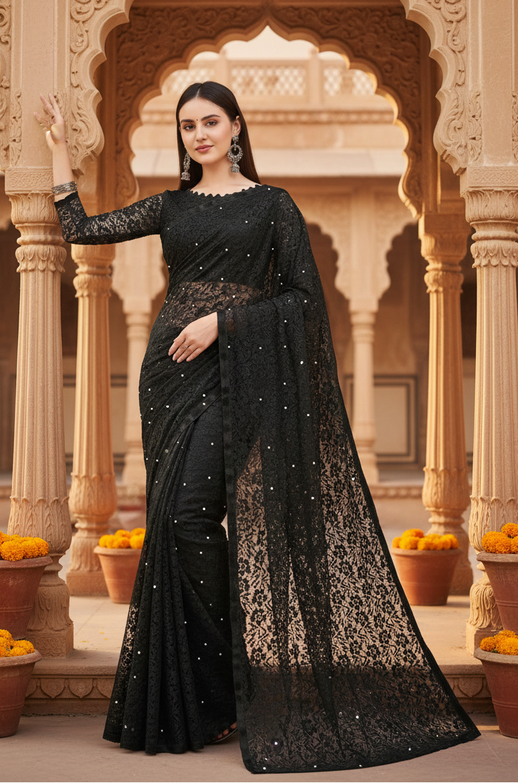 Women's Net Self Design Saree With Unstitched Blouse 5.5Mtr (Black)