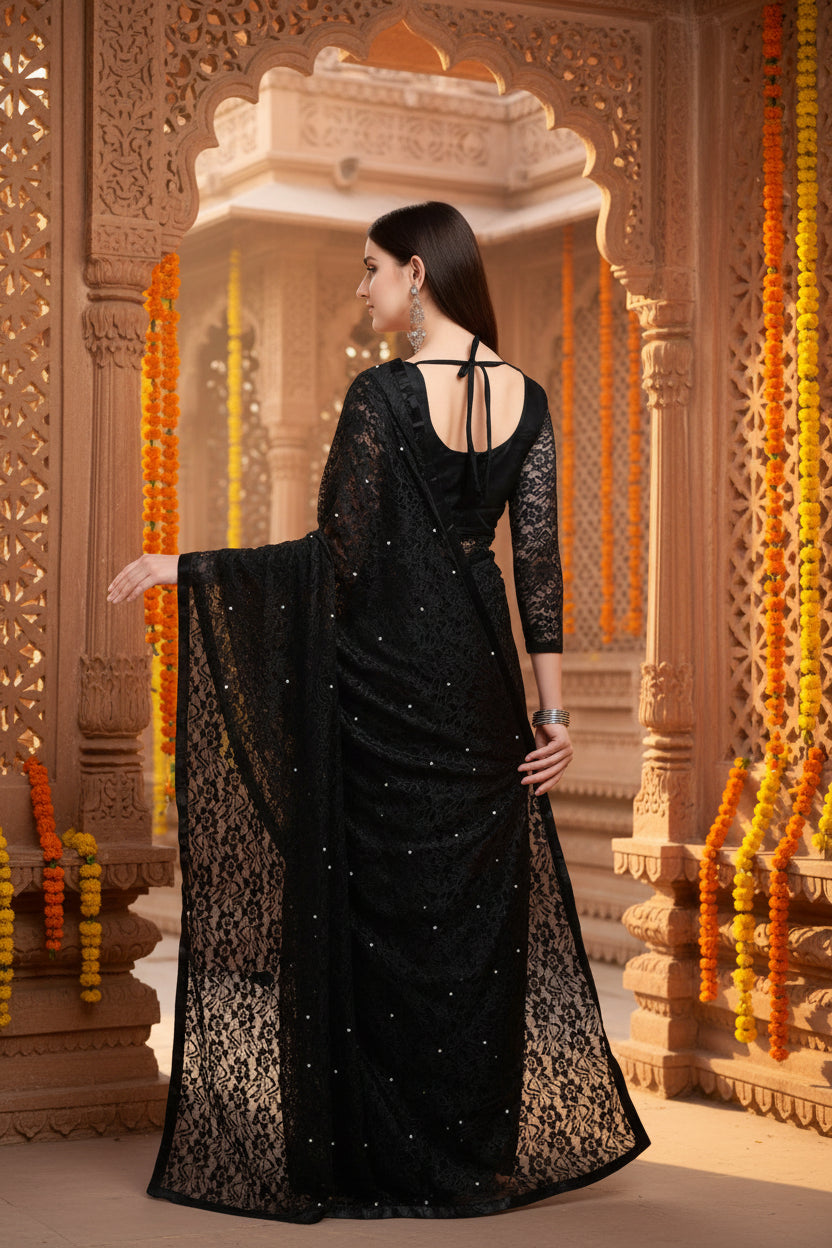 Women's Net Self Design Saree With Unstitched Blouse 5.5Mtr (Black)