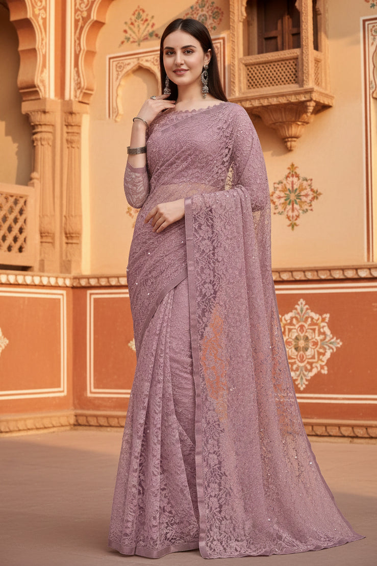 Women's Net Self Design Saree With Unstitched Blouse 5.5Mtr (Light Brown)