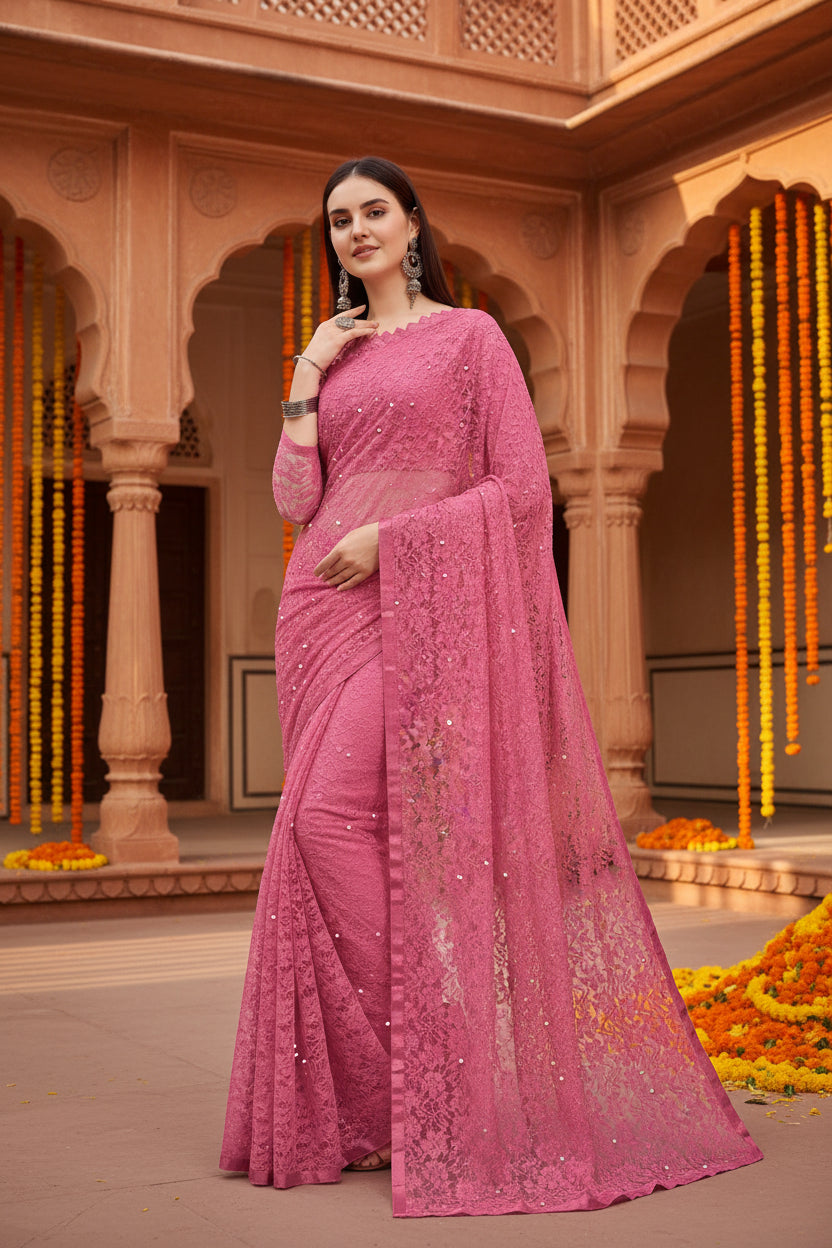 Women's Net Self Design Saree With Unstitched Blouse 5.5Mtr (Dark Pink)