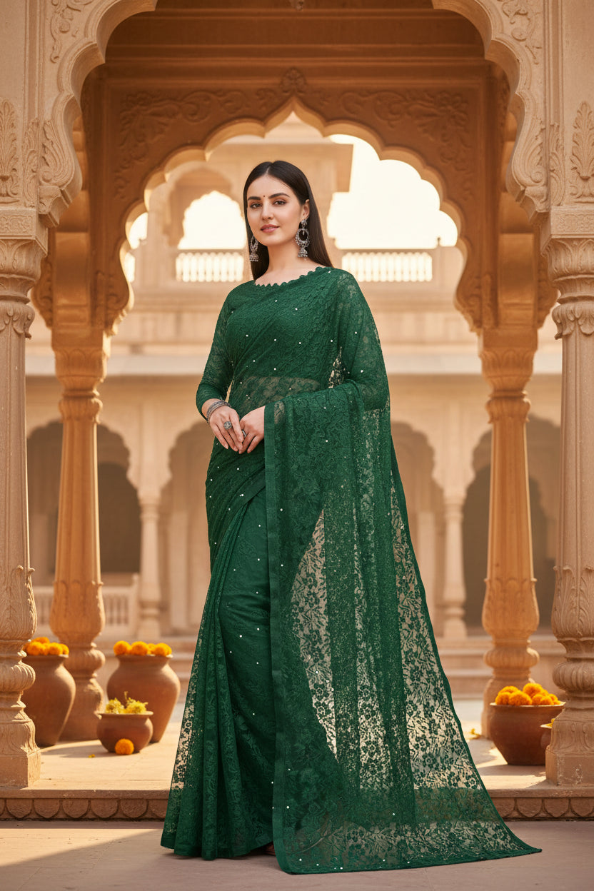 Women's Net Self Design Saree With Unstitched Blouse 5.5Mtr (Green)