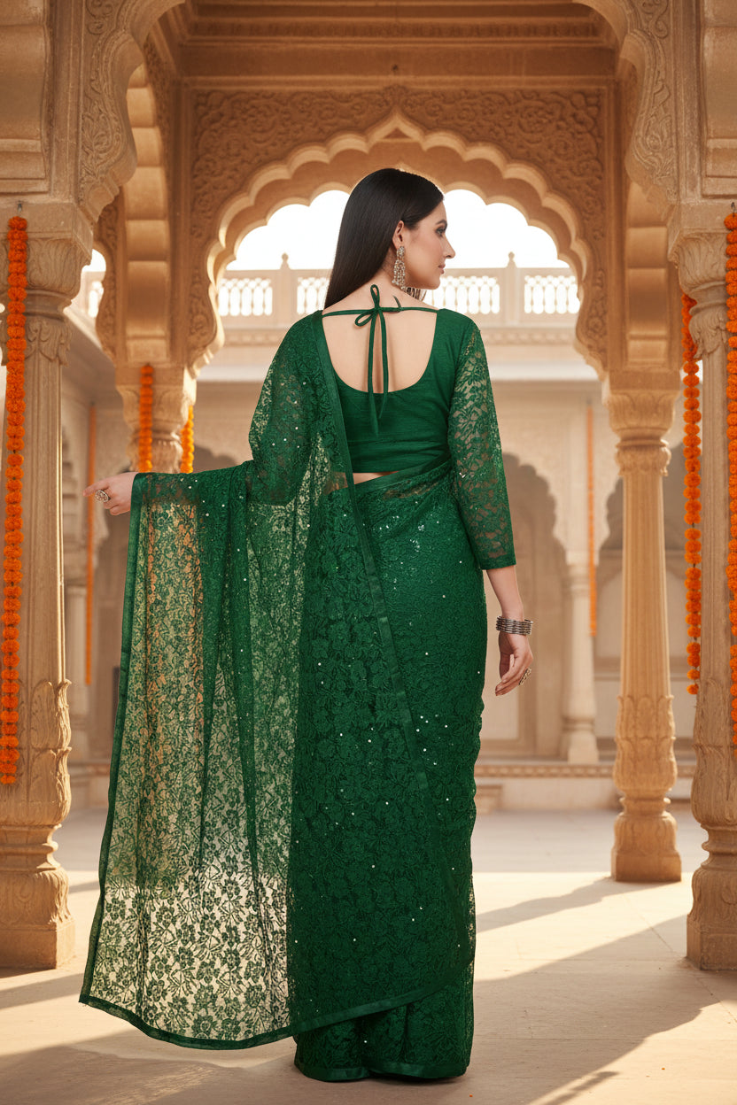 Women's Net Self Design Saree With Unstitched Blouse 5.5Mtr (Green)