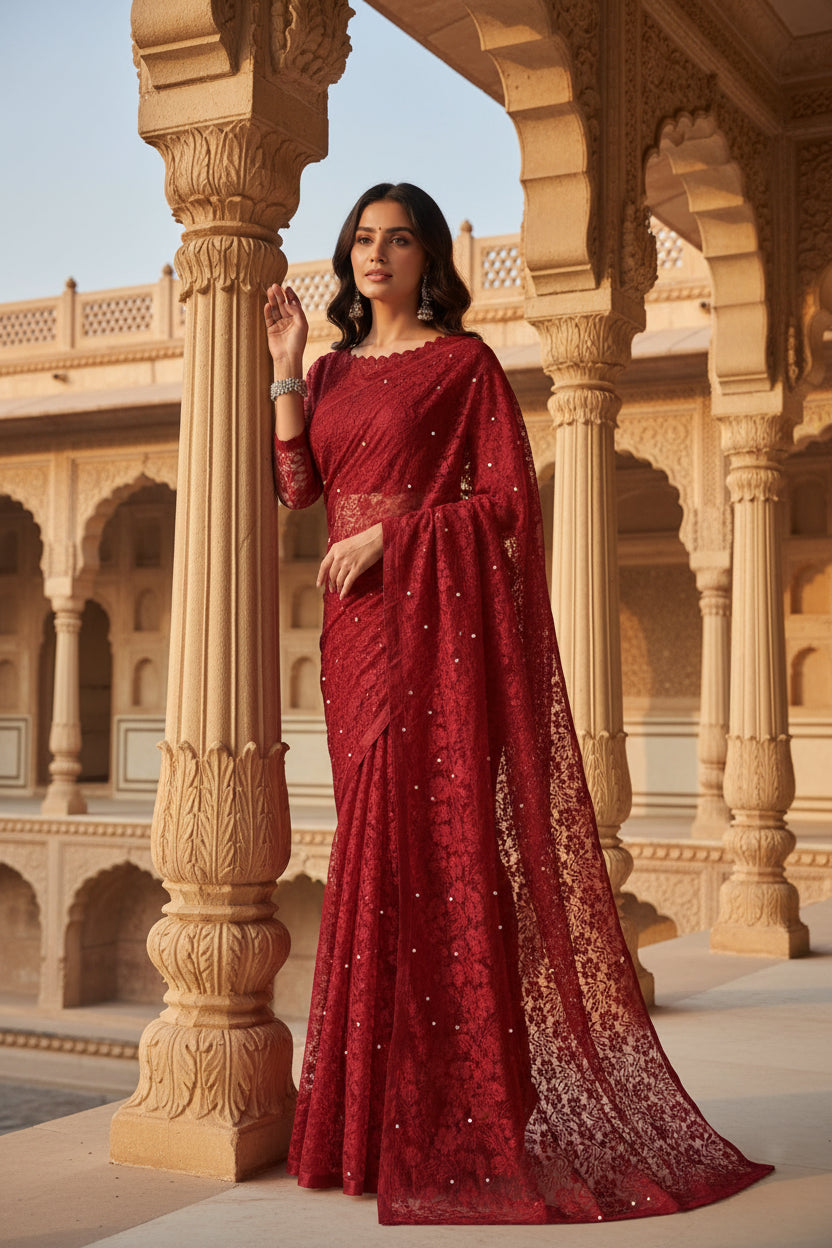 Women's Net Self Design Saree With Unstitched Blouse 5.5Mtr (Maroon)