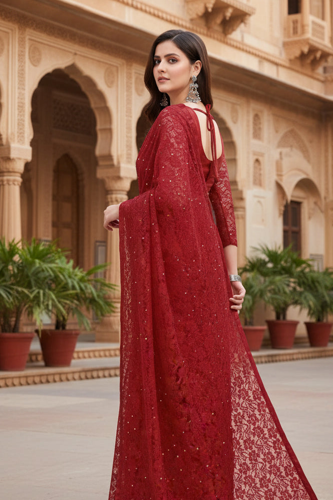 Women's Net Self Design Saree With Unstitched Blouse 5.5Mtr (Maroon)