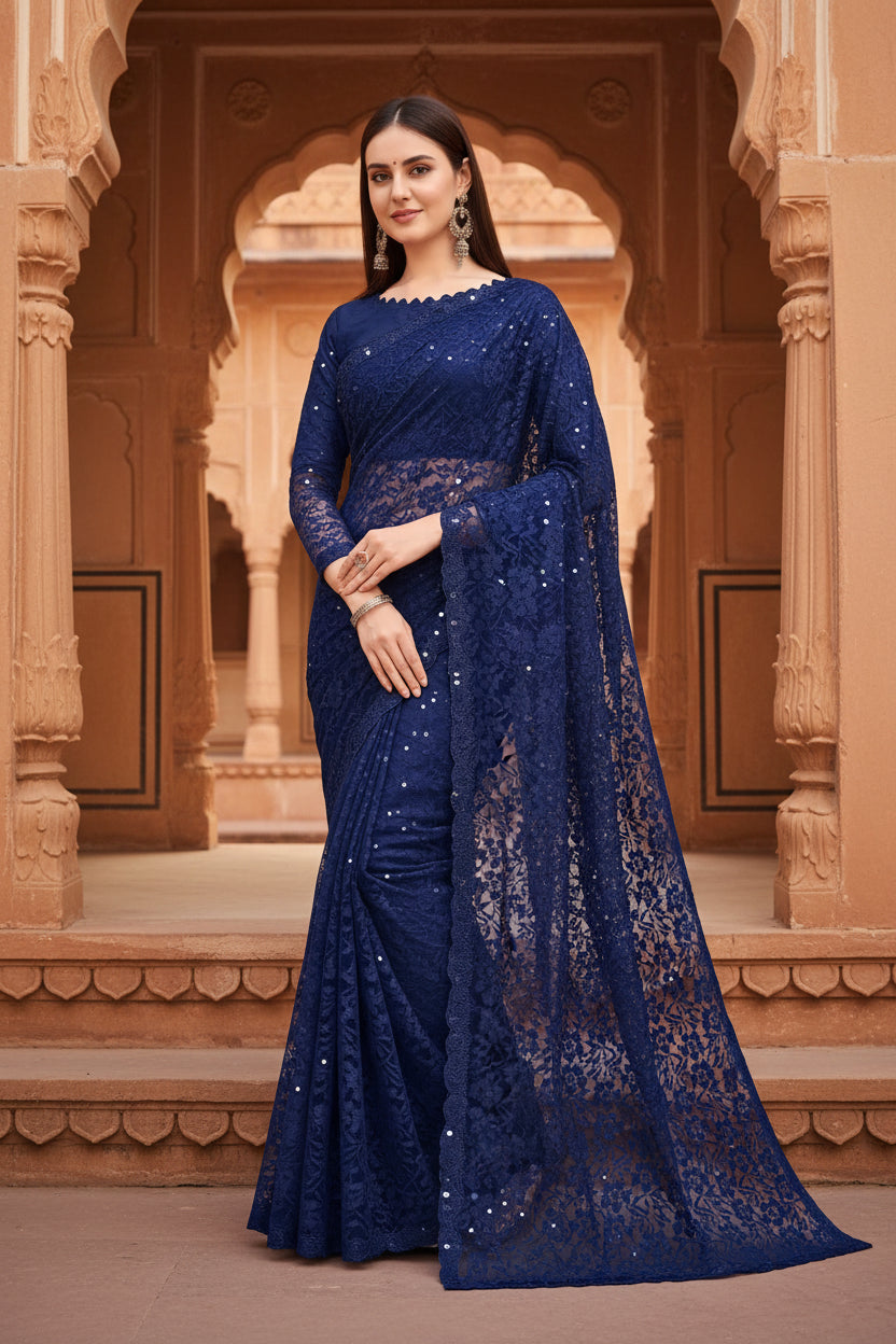 Women's Net Self Design Saree With Unstitched Blouse 5.5Mtr (Navy Blue)