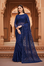 Load image into Gallery viewer, Women's Net Self Design Saree With Unstitched Blouse 5.5Mtr (Navy Blue)
