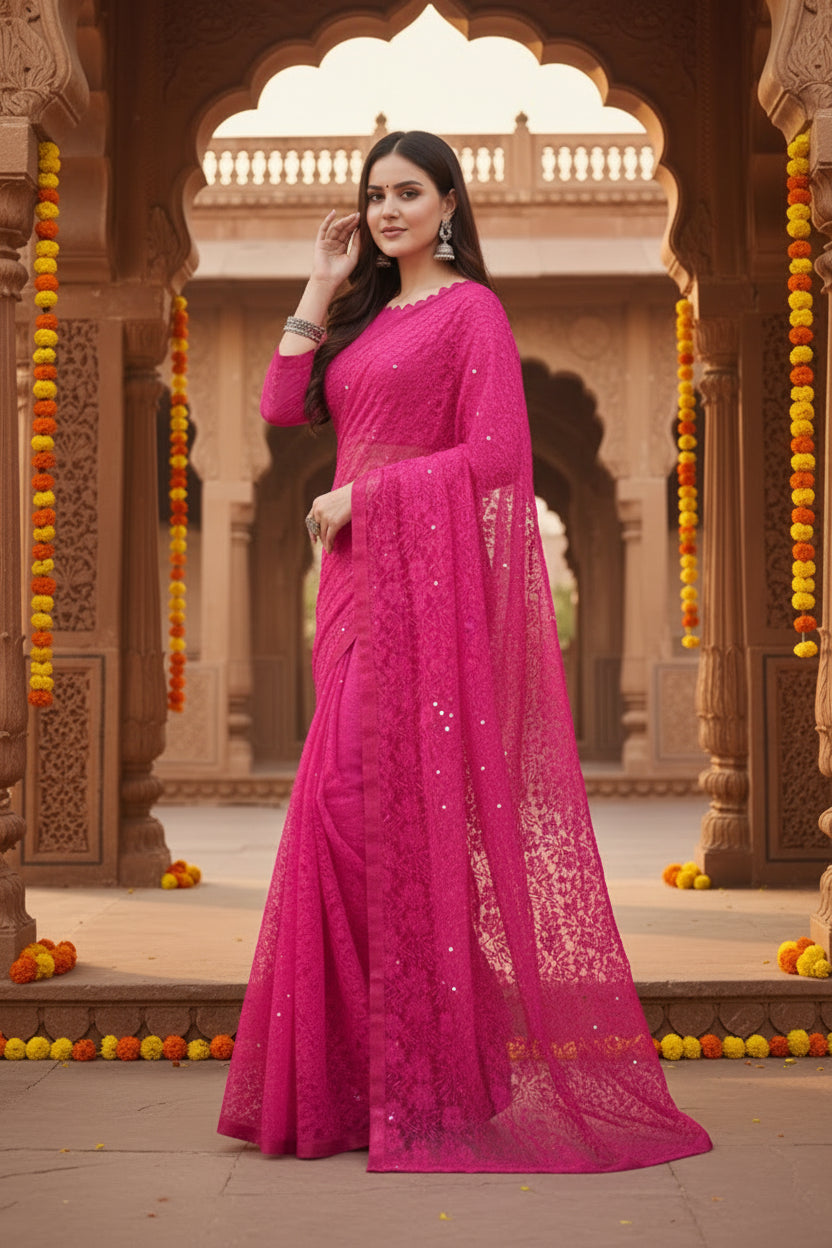 Women's Net Self Design Saree With Unstitched Blouse 5.5Mtr (Rani)