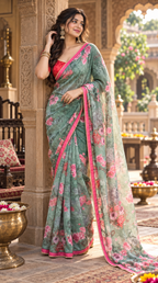 Georgette Digital Printed Saree With Unstitched Blouse(Green)