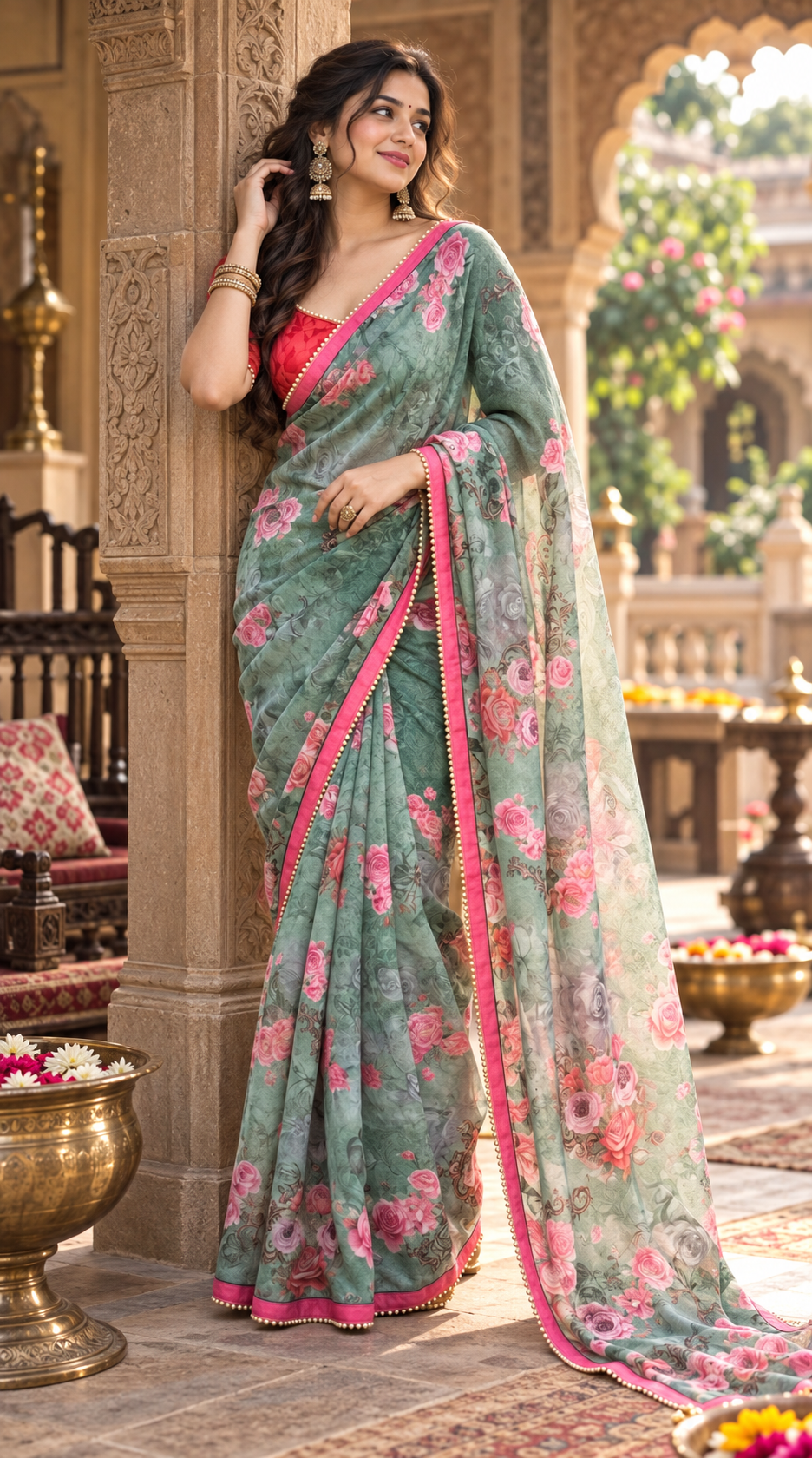 Georgette Digital Printed Saree With Unstitched Blouse(Green)
