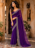 Soft Space Silk Diamond Lace Border Saree With Unstitched Blouse(Purple)