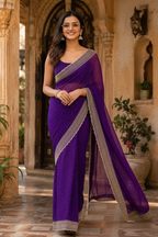Soft Space Silk Diamond Lace Border Saree With Unstitched Blouse(Purple)