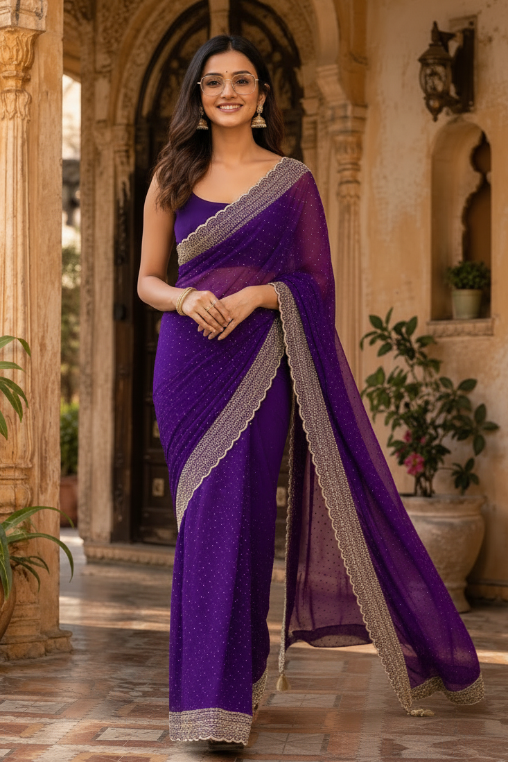 Soft Space Silk Diamond Lace Border Saree With Unstitched Blouse(Purple)