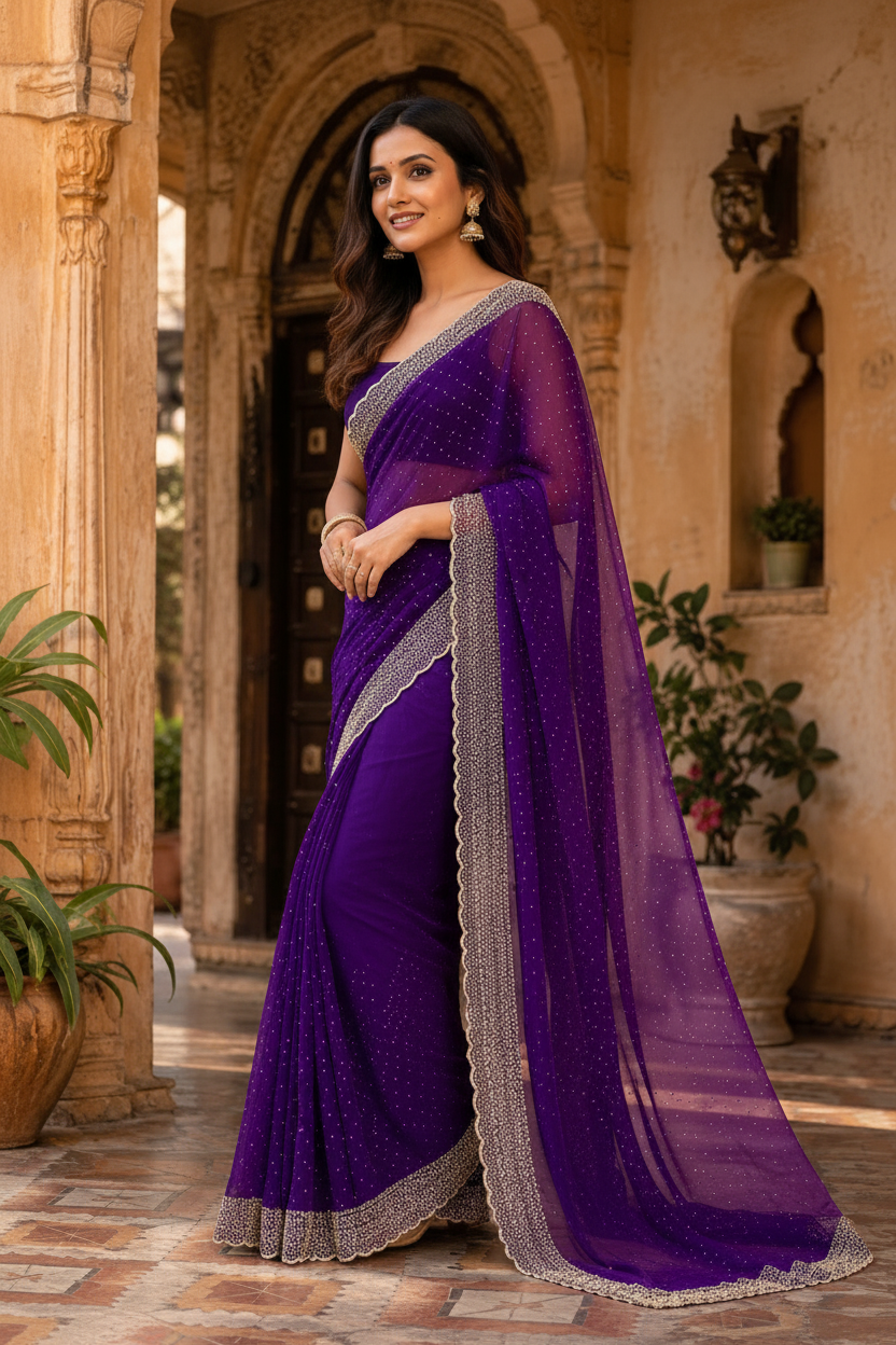 Soft Space Silk Diamond Lace Border Saree With Unstitched Blouse(Purple)