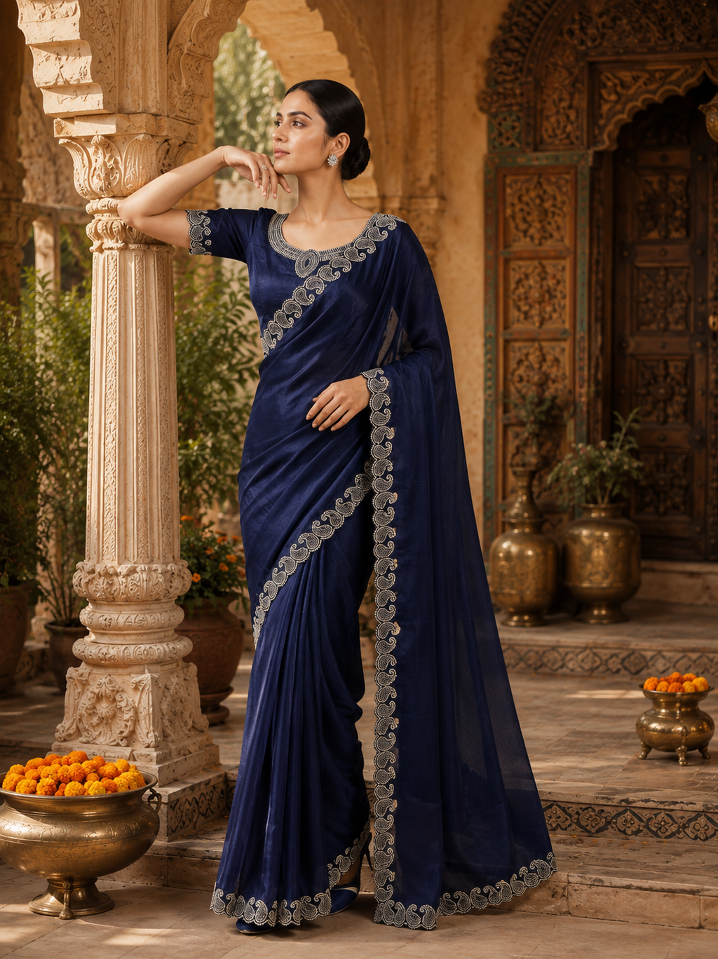 Elegant Zarkhan Diamond Work Space Silk Saree With Unstitched Blouse(Navy Blue)