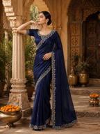 Elegant Zarkhan Diamond Work Space Silk Saree With Unstitched Blouse(Navy Blue)