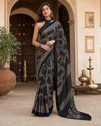 Satin Silk Printed Saree With Unstitched Blouse(Black)