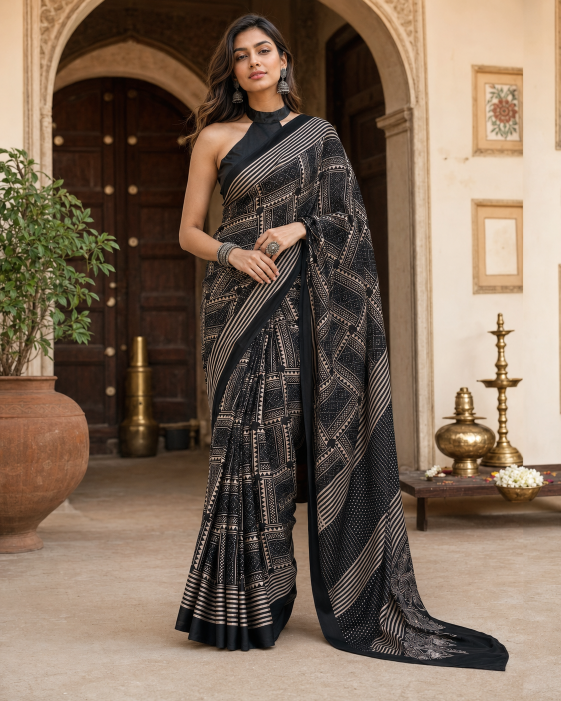 Satin Silk Printed Saree With Unstitched Blouse(Black)