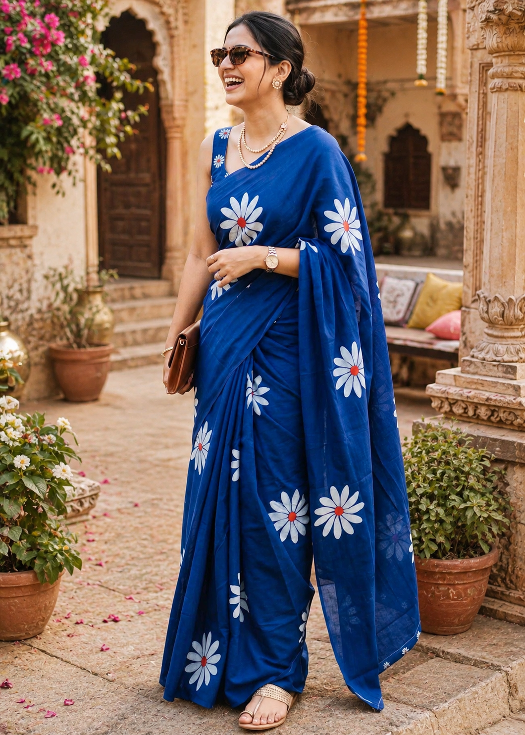 Mulmul Cotton Floral Printed Saree With Unstitched Blouse(Blue)