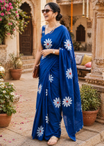 Load image into Gallery viewer, Mulmul Cotton Floral Printed Saree With Unstitched Blouse(Blue)
