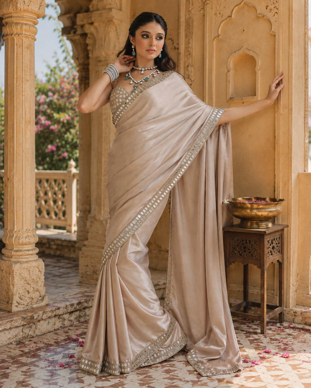 Premium Satin Silk Embroidery Work saree With Unstitched Blouse(Cream)