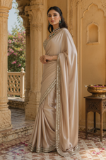 Load image into Gallery viewer, Premium Satin Silk Embroidery Work saree With Unstitched Blouse(Cream)
