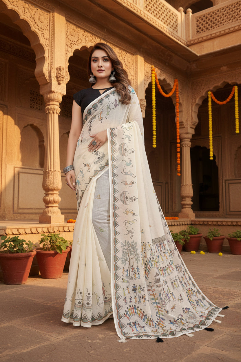 Women's Linen Cotton Printed Saree With Unstitched Blouse 5.5Mtr (Off White)